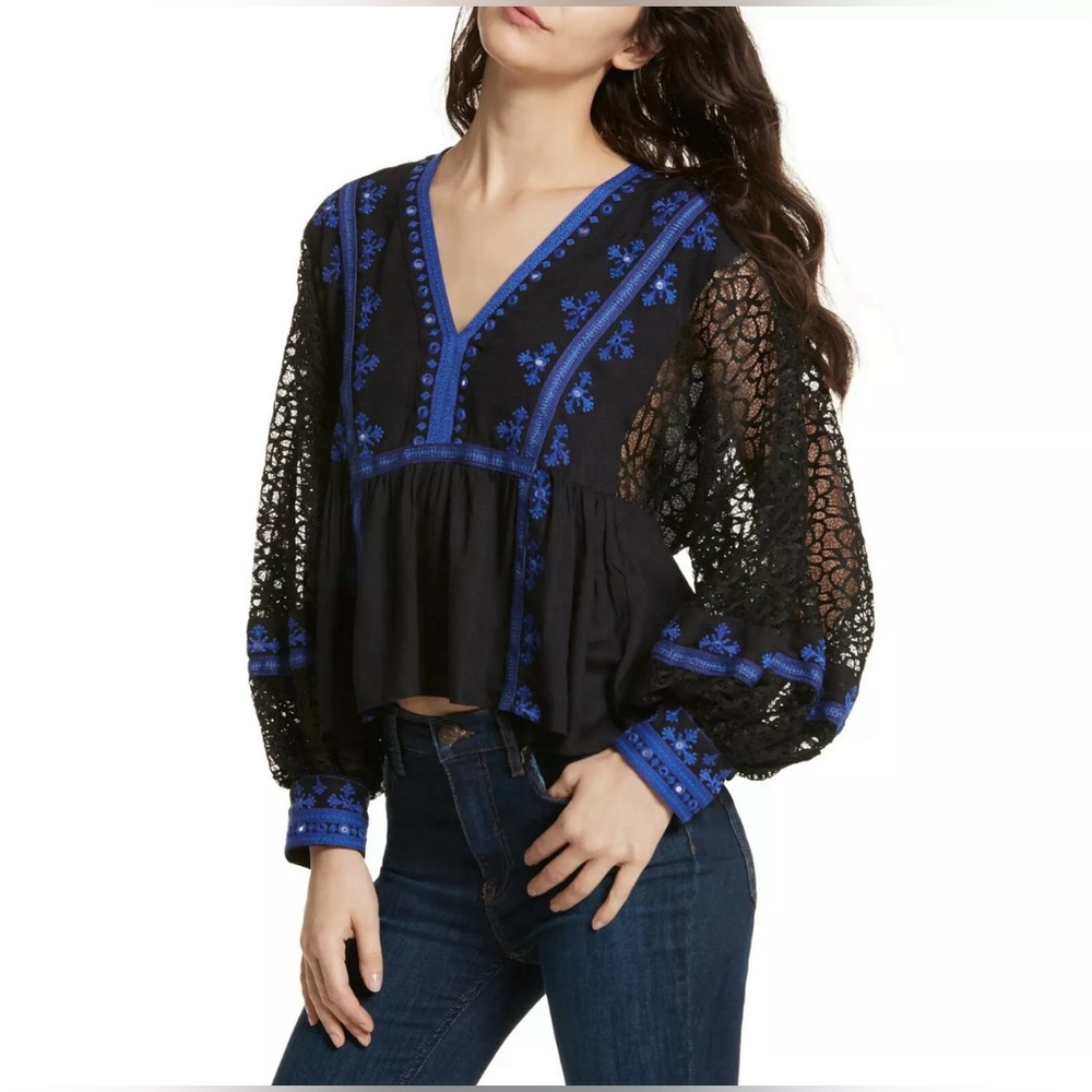 FREE PEOPLE Black Boogie All Night Embroidered Mirrors Lace Sleeve Top S